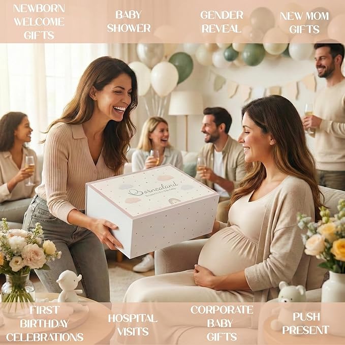 New Baby Gift Basket 21-Piece Set | Refined Newborn Baby Gift Set for Boy & Girl | Gender Reveal Gifts & New Mom Gifts Bundle | Essential Newborn Toys & Acc. Included in Elegant Keepsake Magnet Box