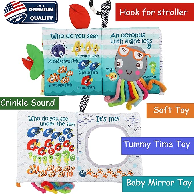 Fish Baby Books Toys, Touch and Feel Crinkle Cloth Books for Babies,Infant, Baby Toys 0-6-12 18 Months, Learning Education Soft Sensory Mirror Toy, Shower Gifts Christmas for Baby Boys Girls-Green