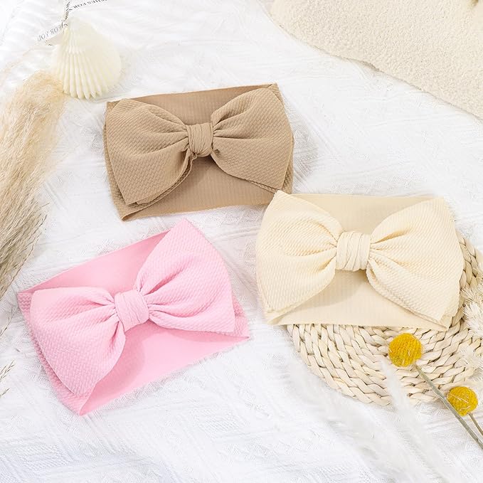 YanJie 3PCS 7'' Big Bows Baby Girls Headbands Soft Stretchy Newborn Bows Infant Baby Hair Bows Toddler Headwrap Hair Accessories Khaki Beige Light Pink