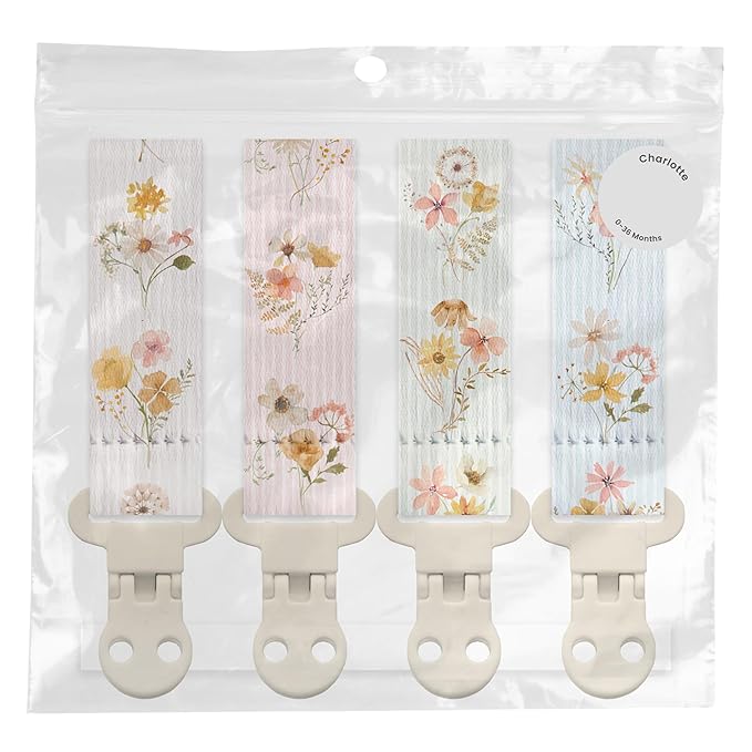 Stadela Baby Fabric Pacifier Clip Holder, Plastic Clip, 4‑Pack, Wildflowers Pattern, Charlotte Set