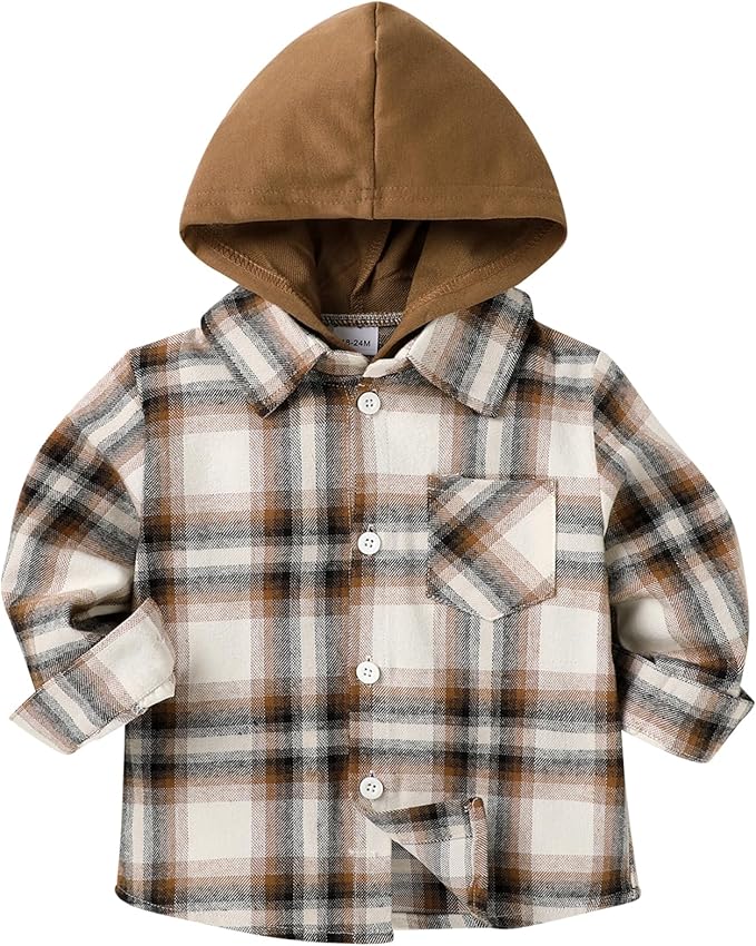 YOUNGER STAR Toddler Kids Boys Girls Flannel Hooded Plaid Shirt Button Baby Red Clothes
