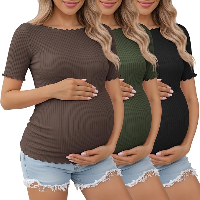 3 Pack Women's Maternity Ribbed Shirts Cotton Short Sleeve Pregnancy Tops Boat Neck Lettuce Trim Mama Clothes