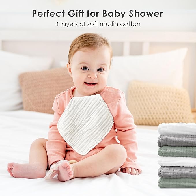 Sunny zzzZZ Baby Muslin Washcloths -100% Cotton Muslin Soft Baby Bath Wash Cloths and Absorbent Burp Cloths for Newborns Kids Girls and Boys -12 Pack, 12x12 Inches - White+Green+Grey
