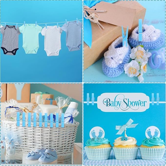 Tondiamo 48 Pieces Baby Pacifiers Party Favors with 24 Plastic Pacifiers and 24 Mini Clothes Pins Transparent Baby Showers Pacifiers Necklace Baby Girl Boy Pacifier Necklace for Party Favor(Blue)