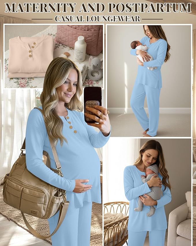 2 Piece Thermal Maternity Lounge Set Postpartum Pregnancy Fleece Loungewear Long Sleeve Top and Wide Leg Pant