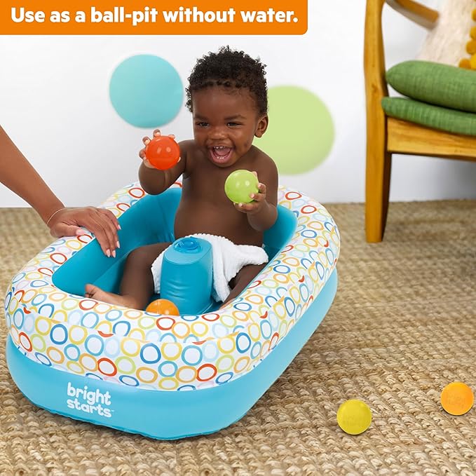 Bright Starts Bathe & Giggle 2-in-1 Baby Bath Tub and Ball Pit, Inflatable Bathtub with Built-in Air Pump and 8 Floating Balls, Portable Design, Deflates and Folds Easily, 6M+