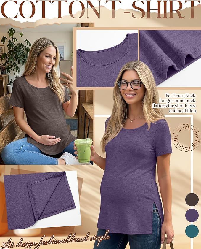 3 Pack Women's Maternity Shirts Short Sleeve Round Neck Side Split Pregnancy Tops Loose Summer Casual Mama Clothes