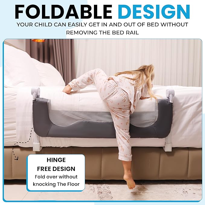 TotCraft MiniFlex Adjustable Length & Height Bed Rail for Toddlers – Fits Twin, Full & Queen Beds – 35.5″ or 47″ Two Fixed Lengths – 14 Height Levels – ASTM Certified Toddler Bed Rails for Kids (Grey)