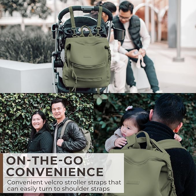 Neoprene Diaper Bag, Minimalist Backpack Diaper Bag with Pouch, Changing Pad, and Stroller Straps, Water Resistant and Lightweight Dad Diaper Bag, Diaper Bag Backpack - Olive