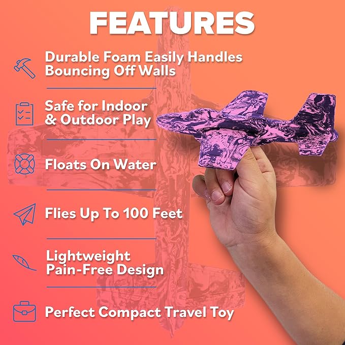 Foam Airplanes for Kids - Best Girl Toys Age 4 & Up - Engaging Toy for 7 Year Old Girl Birthday Gifts - Easter Stuffers for Girls All Ages - Fun Sports Toy & Party Favors & Outdoor Toys Age 6-8+