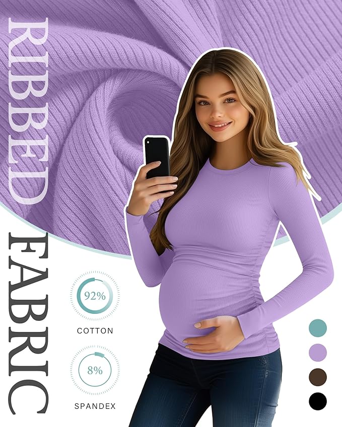 Ficerd 4 Pack Women's Maternity Shirts Cotton Long Sleeve Ribbed Crew Neck Pregnancy Tops Side Ruched Casual Mama Clothes