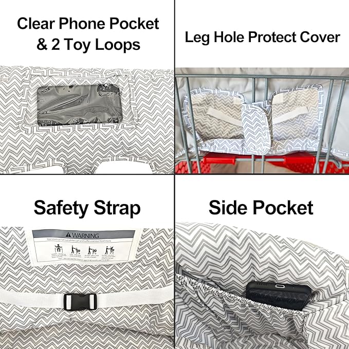 Love&go Soft Pillow Attached 2-in-1 Shopping Cart and High Chair Cover for Baby, Cotton Padded Cart Cover, Fold'n Roll Style, Portable with Carry Bag (Gray Chevron)