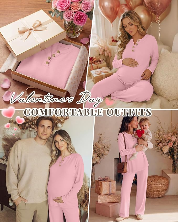 2 Piece Thermal Maternity Lounge Set Postpartum Pregnancy Fleece Loungewear Long Sleeve Top and Wide Leg Pant