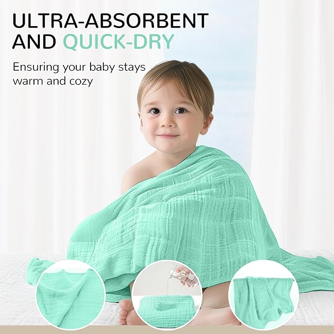 Muslin Hooded Baby Bath Towel Set 3 Pack, Muslin Cotton Baby Towels with Hood for Newborn, Baby Beach Towels for Boy, Girl, Babies, Infant, Toddler and Kids (35 X 35 Inch)(Light Green + Pink + Yellow)