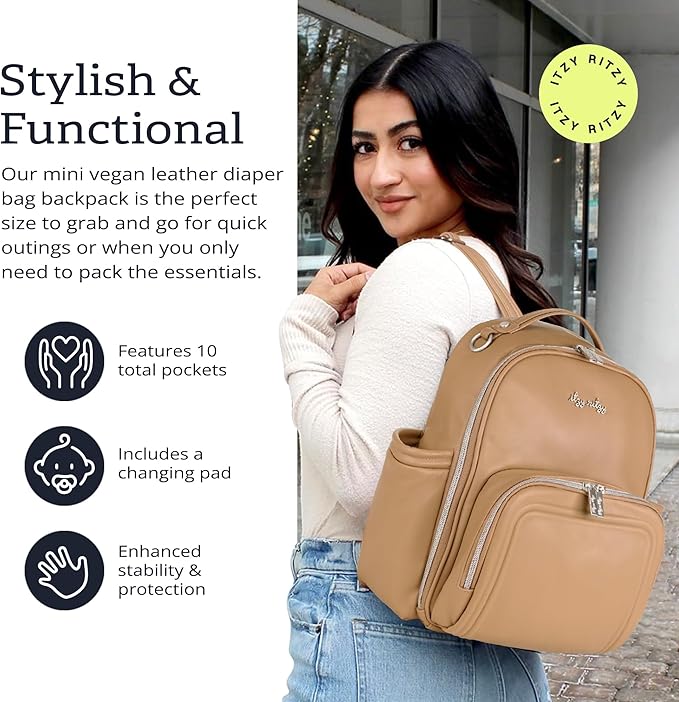 Itzy Ritzy Mini Diaper Bag Backpack – Chic, Compact Mini Plus Backpack with Changing Pad, 10 Pockets (6 Internal, 4 External), Grab-Top Handle & Rubber Feet (Chai)