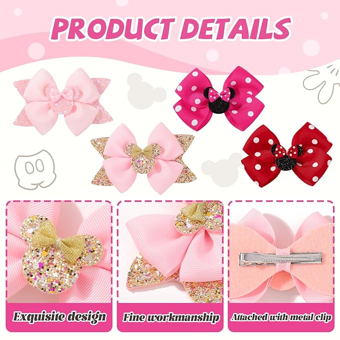 8PCS Mouse Ears Hair Bow Clips, 4 Inch Toddler Girls Polka Dot Hair Accessories, Birthday Party Decoration for Baby Toddler Girls