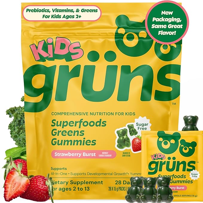 Gruns Multivitamin for Kids, Sugar-Free, Super Greens Superfood Gummy Bears with 20 Vitamins & Minerals, Alfalfa, Spirulina, Chlorella, Prebiotics Fiber for Digestive Health, Adaptogens, 28 ct