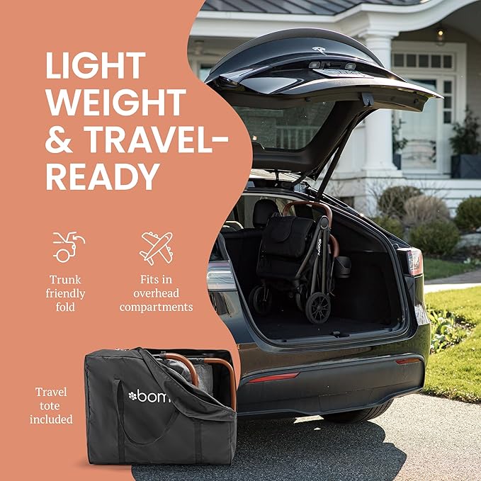 Bombi Bēbee V2 Lightweight Baby Stroller - Premium Vegan Leather, One-Hand Fold, Infinite Recline, Aircraft-Grade Aluminum Frame, XXL Canopy, and Ample Storage Umbrella Stroller - Onyx