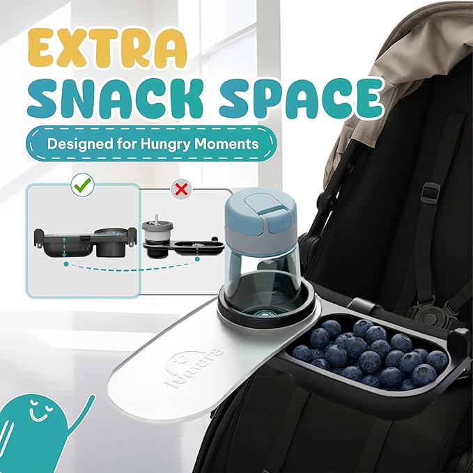 Universal Stroller Snack Tray with Cup Holder 2 in 1 - Stroller Tray Attachment for Baby & Toddler - Baby Stroller Accessories - Fit Most Strollers, Dishwasher Safe with Dust Cover & Silicone Arms