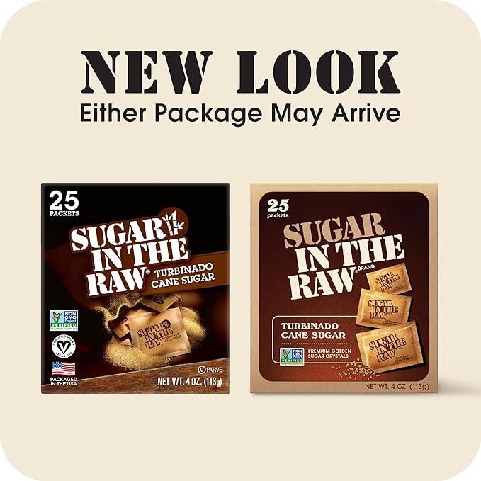 Sugar In The Raw Turbinado Cane Sugar Packets, 25 Ct Box, 12 Pack, Pure, All-Natural Turbinado Sugar, Non-GMO Project Verified, Kosher, Vegan and Gluten Free