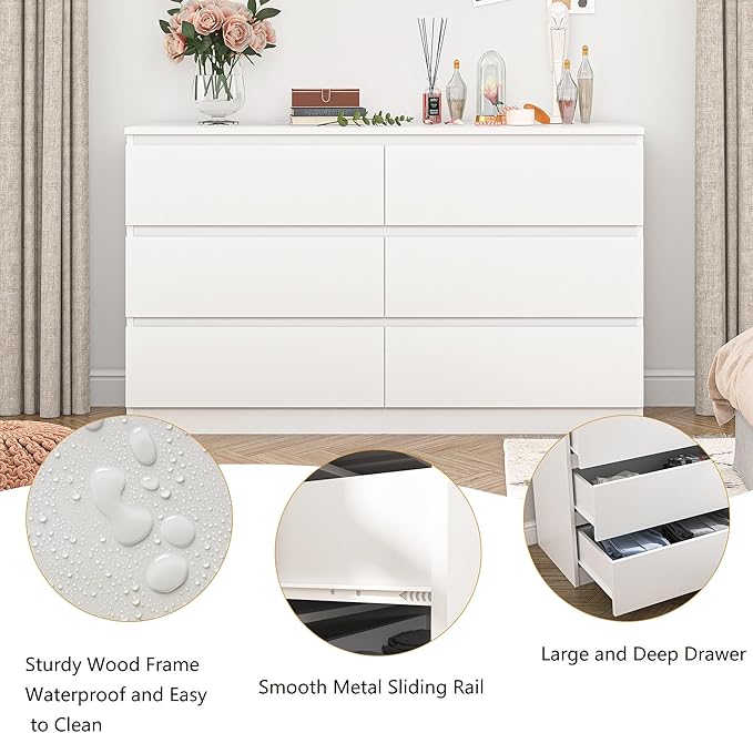White 6 Drawer Dresser for Bedroom,Modern Deep Drawer Dresser with No-Handle Design,Wide Storage Chest of Drawers,Wood Bedroom Storage Organizer Furniture for Closet,Hallway