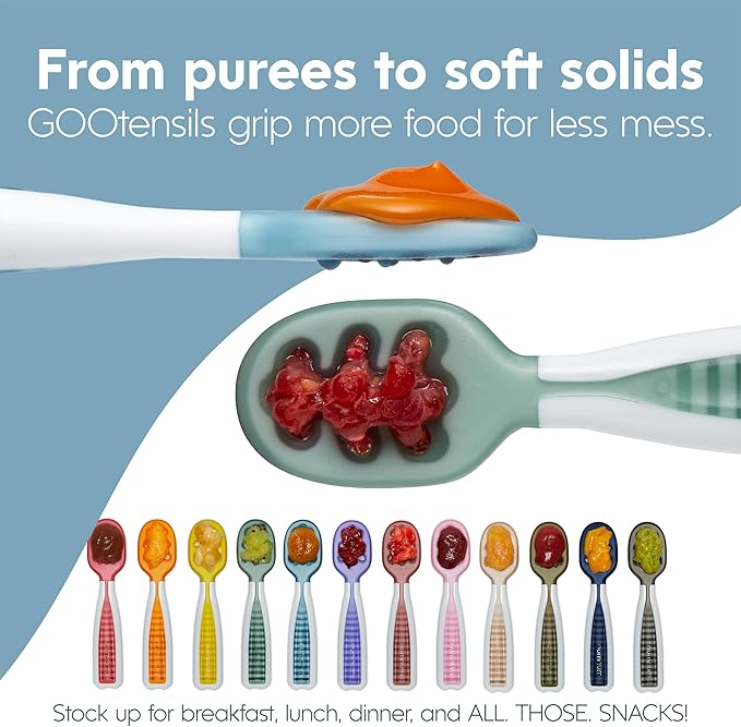 NumNum Baby Spoons Set, Baby Essentials Pre-Spoon GOOtensils for 6+ Months, First Stage Self-Feeding Spoons for Baby Led Weaning (BLW), Silicone Toddler Utensils, BPA-Free, 4 Pack Primary Colors