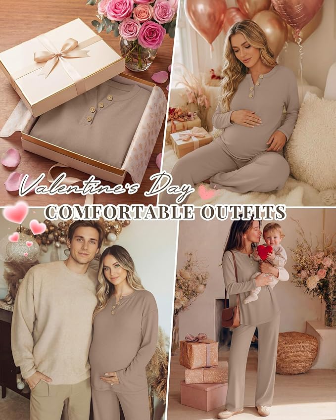 2 Piece Thermal Maternity Lounge Set Postpartum Pregnancy Fleece Loungewear Long Sleeve Top and Wide Leg Pant