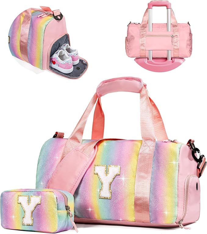 Gifts for Kids-Girl Gym Bag with Shoe Compartment, Kid Personalized Weekender Overnight Bags, gifts for girls 8-12-Initial Travel Tote with Makeup Pouch, Graduation Gift for Girls (Letter Y)