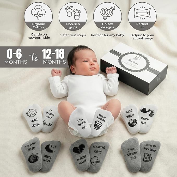 Baby Socks Gift Set – 6 Cute & Funny Non-Slip Socks for Boys & Girls | Baby 0-6 Months to 12-18 Months | Organic Cotton with Grips