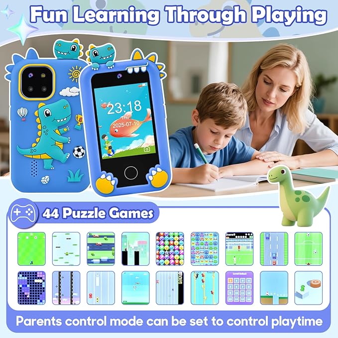 Kids Phone for Boys, Dinosaur Toy Phone Christmas Birthday Gifts for Boy Ages 3-10, Toddler Learning Phones with Touchscreen, 44 Game, Dual Camera, Music Player, 32GB Card & Dino Bag (Blue)