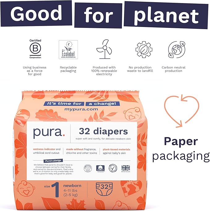 Pura Sensitive Skin Try Me Pack Baby Diapers Trial Pack, Size 1 (4–11 lbs), Totally Chlorine Free, Wetness Indicator, Soft & Gentle, Overnight, Hypoallergenic, Plant-Based 3- Diaper Trial Pack