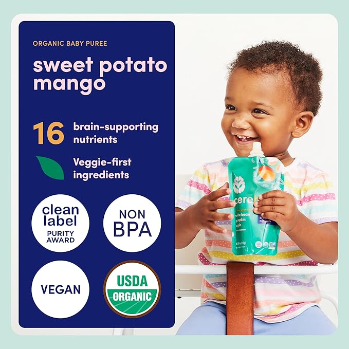 Cerebelly Organic Baby Food Pouches, Sweet Potato Mango Purees, 16 Nutrients, No Added Sugar, Fiber & Non-GMO, 4oz, 12 Pack