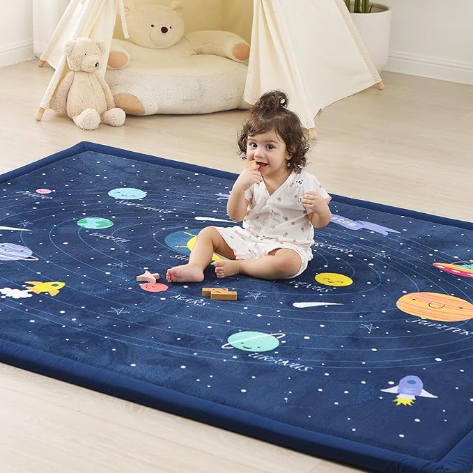 1.3" Thick Large Baby Floor Play Mat 79x118, Padded Memory Foam Play Mat, Non-Slip Plush Carpet Playmat for Nursery Playroom Classroom (Solar System)