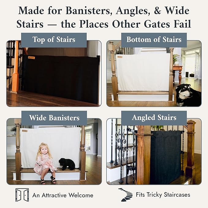 The Stair Barrier First Fabric Banister to Banister Baby Gates for Stairs 42”–52” Wide x 32” Tall– No Drill Baby Gate for Top or Bottom Staircase, Machine-Washable Climb Proof, Designed in USA, Cream