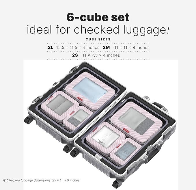 LeanTravel Premium Compression Packing Cubes for Travel - Luggage Organizers with Double Zipper - Sturdy Bags for Suitcase (6-Pack, Pink Stripes)