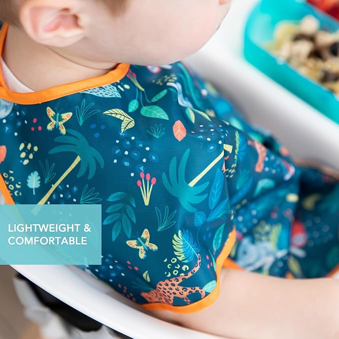 Bumkins Short Sleeve Bib for Girl or Boy, Toddler and Kids for 1-3 Years, Large Size, Essential Must Have for Junior Children, Eating, Mess Saving Soft Fabric Apron for Play, Jungle