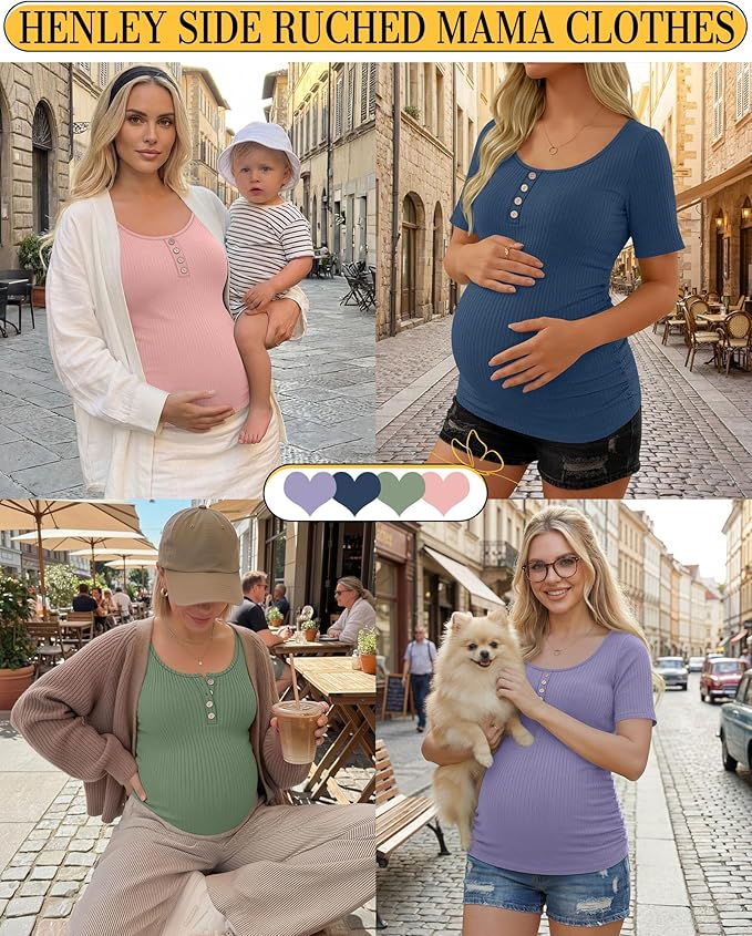 4 Pack Womens Maternity Shirts Scoop Neck Cotton Short Sleeve Ribbed Pregnancy Top Henley Side Ruched Mama Clothes
