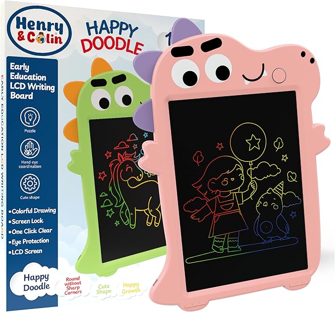 Henry & Colin Dinosaur-Themed LCD Writing Tablet for Kids – Reusable, Travel-Friendly Drawing Pad for Boys & Girls Ages 3 & Up. Perfect for Creativity, Fun, Learning, and Education (Pink)