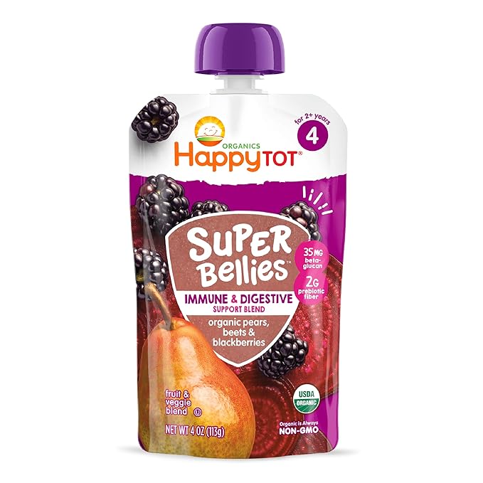 HAPPYTOT Organics Stage 4 Baby Food Pouches, Gluten Free, Vegan Snack, Super Bellies, Fruit & Veggie Puree, Pears, Beets & Blackberries 4 Ounce (Pack of 16)