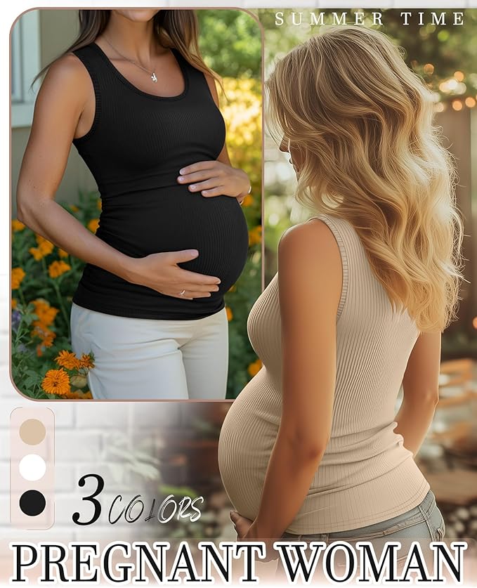 Riyiper 3 Pack Women's Maternity Tank Tops, Sleeveless Cotton Pregnancy Shirts Ribbed Knit Sides Ruched Basic Mama Clothes