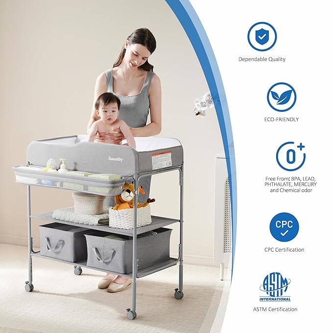 Sweeby Portable Baby Changing Table, Non-Foldable Changing Table Dresser Changing Station for Infant, Waterproof Pad Topper, Mobile Nursery Organizer for Newborn Essentials, Gray, Classic