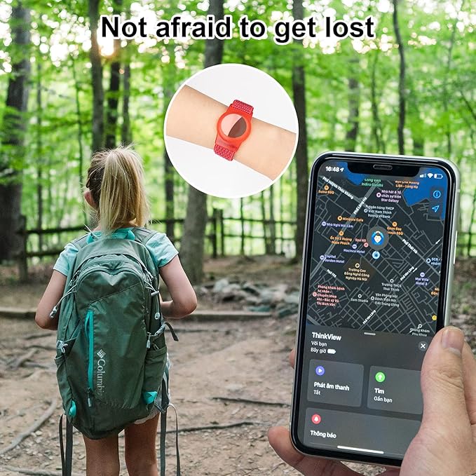 Kids Wristband Compatible with Apple AirTag, Protective Case for Air Tag GPS Tracker Holder with Nylon Bracelet, Adjustable Anti Lost Watch Band for Toddler Child Elder(Red & Blue)