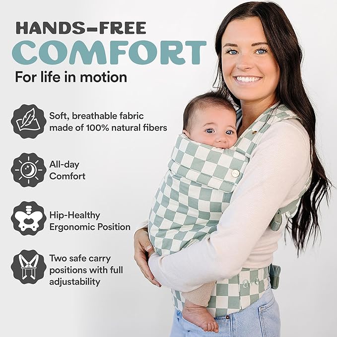 Ava & Oliver Essential Baby Carrier – Ergonomic, Hip-Healthy Soft Structured Carrier for Infants & Toddlers (7–35lbs) - Front and Back Carry, Breathable Fabric, Stylish & Lightweight (Olive Checker)
