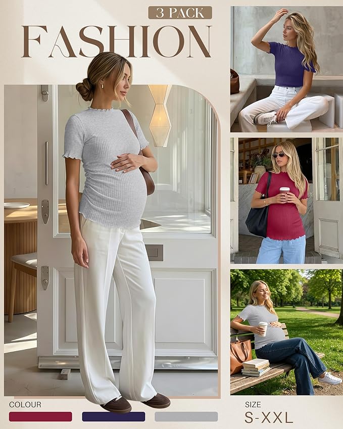 3 Pack Women's Maternity Tops Short Sleeve Ribbed Knit Maternity Shirts Crew Neck Side Ruched Pregnancy Clothes