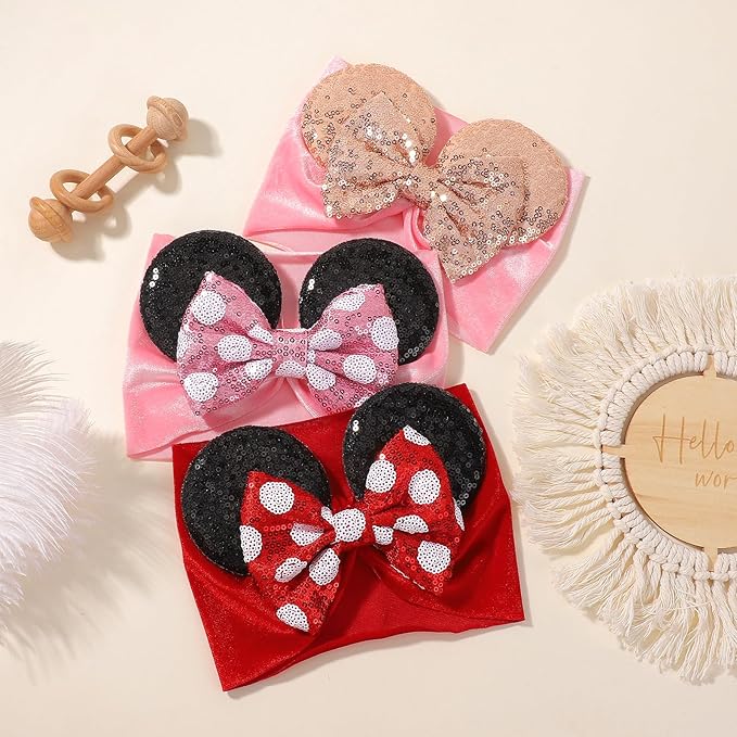 choicbaby 3 PCS 5 Inches Mouse Ears Sequin Bow Nylon Hairband with Polka Dot Cute Baby Headbands Soft Hairbands Hair Accessories for Newborn Infant Toddler Party Supplies