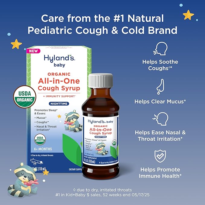 Hyland's Baby Organic All in One Nighttime Cough Syrup + Immune Support with Elderberry, Vitamin C, Zinc & Chamomile, 4 Fl Oz