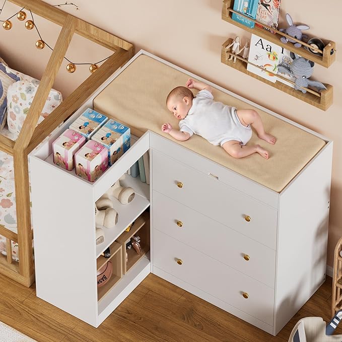 Corner Baby Changing Table Dresser,Dresser for Nursery with 3 Drawers and 2 Shelves,Multi-Functional Baby Changing Table,Changing Station Organizer for Bedroom,White