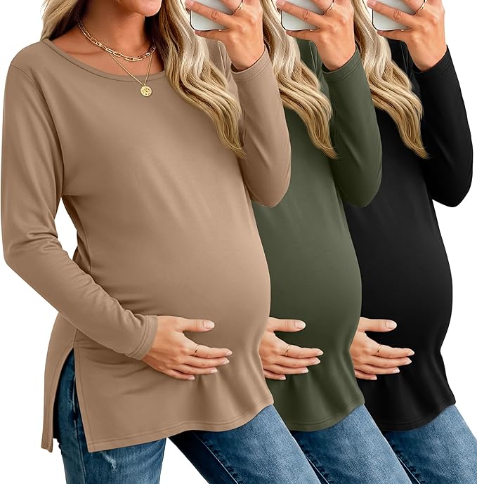 Riyiper 3 Pack Women's Maternity Long Sleeve T-Shirts Round Neck Side Split Tops Loose Casual Pregnancy Mama Clothes Fall