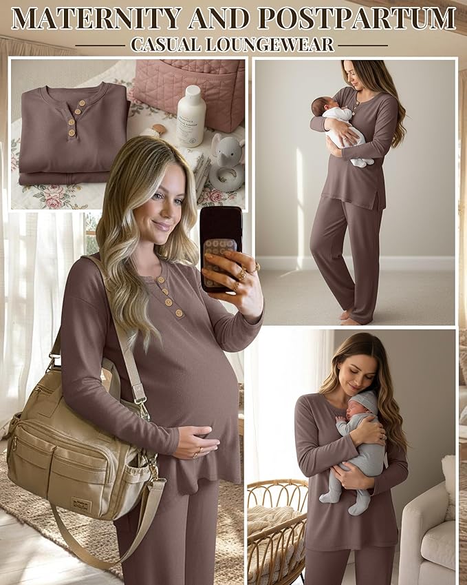 2 Piece Thermal Maternity Lounge Set Postpartum Pregnancy Fleece Loungewear Long Sleeve Top and Wide Leg Pant