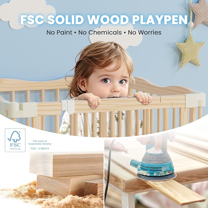 Foldable Wooden Playpen - Adjustable Wood Baby Play Yard with Child-Proof Lock, Indoor Large Safety Fence for Babies and Toddlers - Easy Assembly, 30 x 30 x 24 inches, Nature Nest